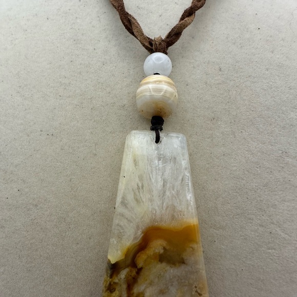 Coral Agate Pendant Necklace with White Jade and Crazy Lace on 2 Tone Faux Suede - Picture 8 of 11